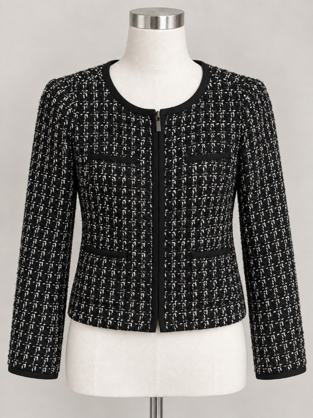 Semantiks Petite Women's Black & White Plaid Wool Blend Zip Jacket Size 6P